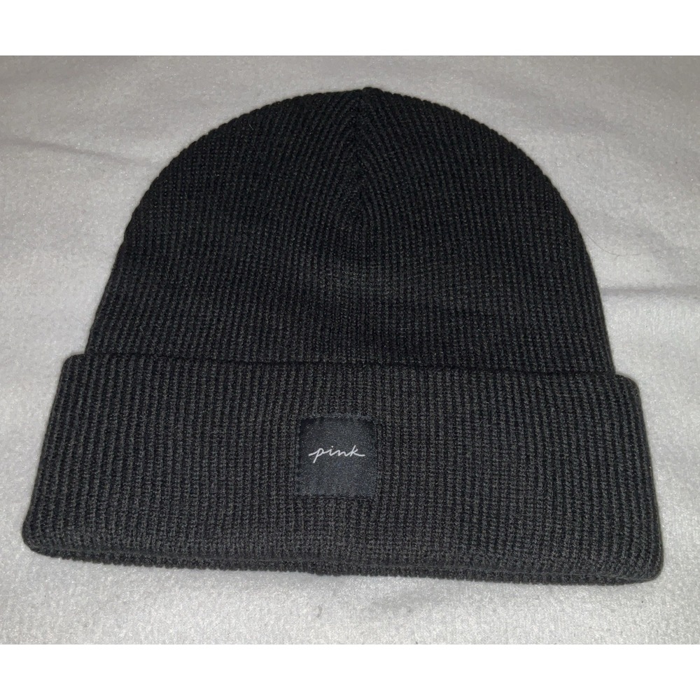 Victoria's Secret PINK Ribbed Beanie Warm Hat Black White‎ Logo OS Unisex